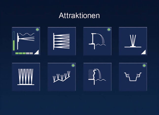 Grafik zeigt verschiedene Wasserattraktionen mit Symbolen für Steuerung und Effekte auf einem dunklen Hintergrund.