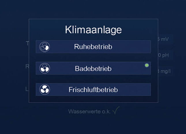 Das Bild zeigt ein Steuerfeld einer Klimaanlage mit Optionen für Ruhe-, Bade- und Frischluftbetrieb.