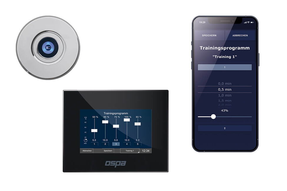 Eine moderne OSPA-Gegenstromanlage zeigt eine Steuerung mit Touchscreen und Smartphone-App zur Trainingsprogrammverwaltung.