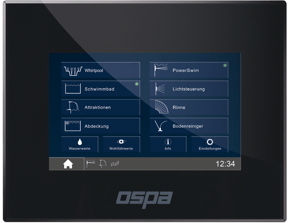 Ein moderner Touchscreen-Controller zeigt Optionen für Whirlpool- und Schwimmbadsteuerung von OSPA.