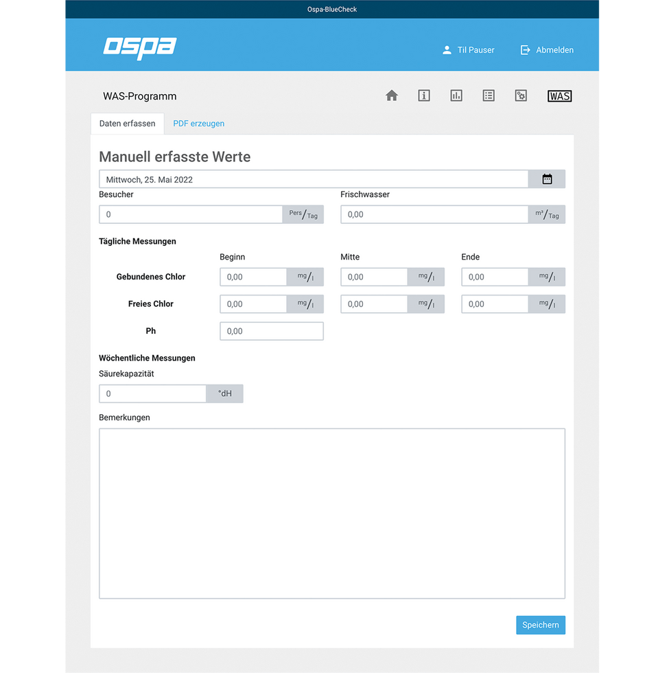 Das digitale Betriebshandbuch zeigt eine Benutzeroberfläche zur Erfassung von Wasserqualitätsdaten auf einem iPad.