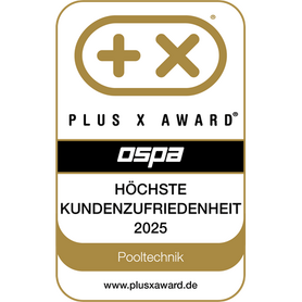 Das Bild zeigt das Plus X Award-Siegel für höchste Kundenzufriedenheit in der Pooltechnik 2025.