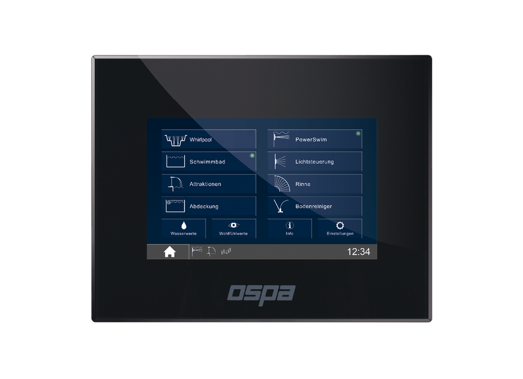 Ein modernes Steuergerät zeigt verschiedene Funktionen für Whirlpools und Schwimmbäder auf einem klaren Bildschirm.