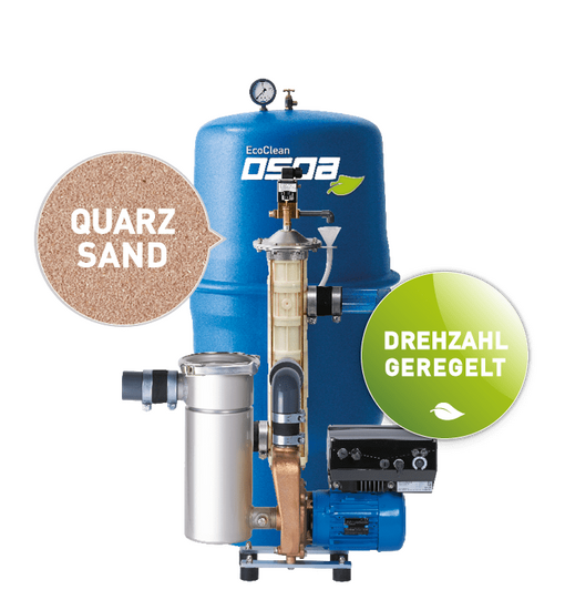 Ein blauer EcoClean-Filter mit Quarzsand, ausgestattet mit einem drehzahlgeregelten Motor für effiziente Wasserreinigung.