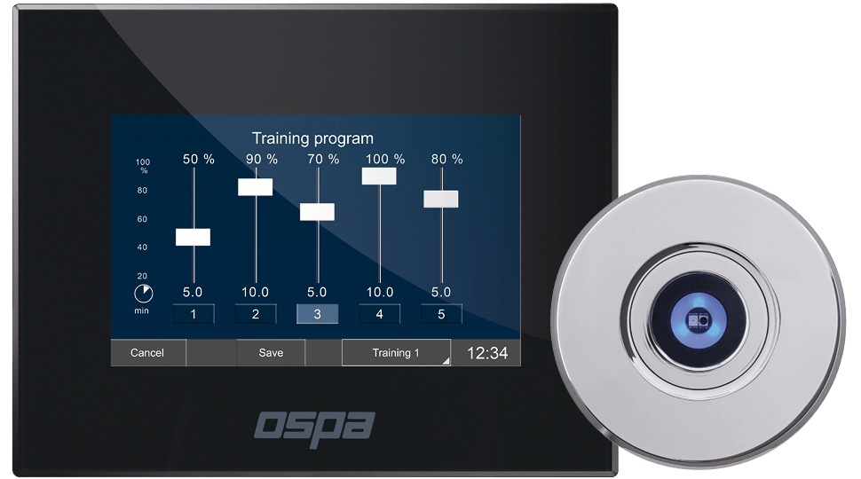 Ein modernes OSPA-Bedienfeld zeigt ein Trainingsprogramm mit verschiedenen Einstellungsreglern auf einem eleganten Touchscreen.