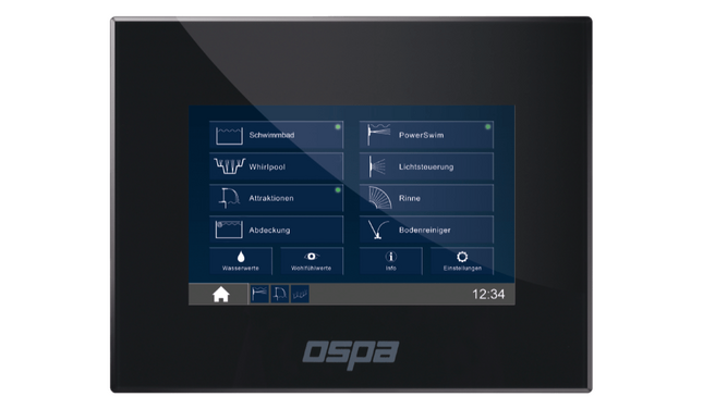 Ein modernes Steuerpanel zeigt Optionen für Schwimmbad-, Whirlpool- und Lichtsteuerung in eleganter OSPA-Design.