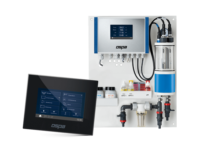 Ein OSPA-Mess- und Regeltechnik-Panel mit digitalem Display und Chemikalienflaschen zur Wasseranalyse ist abgebildet.