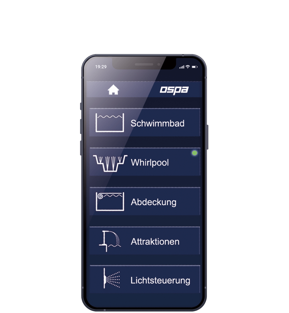 Ein Smartphone zeigt die OSPA-App mit Optionen für Schwimmbad, Whirlpool und weitere Funktionen zur Poolsteuerung.
