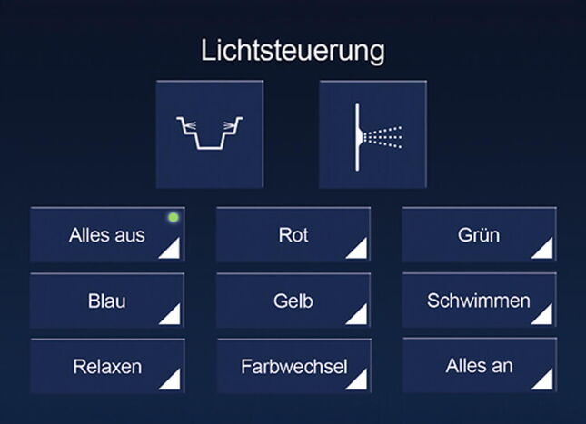 Eine Lichtsteuerung zeigt verschiedene Optionen wie Blau, Grün und Farbwechsel zur Anpassung der Beleuchtung.