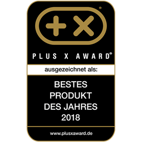 Das Bild zeigt das Plus X Award-Siegel für das beste Produkt des Jahres 2018 in glänzendem Schwarz und Gold.