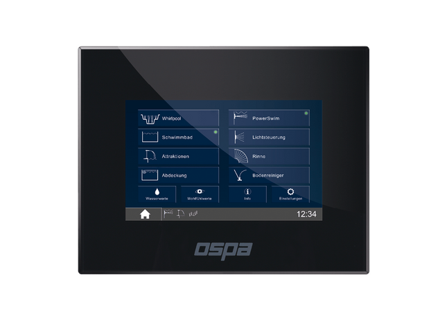 Ein modernes Steuergerät zeigt verschiedene Funktionen für Whirlpools und Schwimmbäder auf einem klaren Bildschirm.