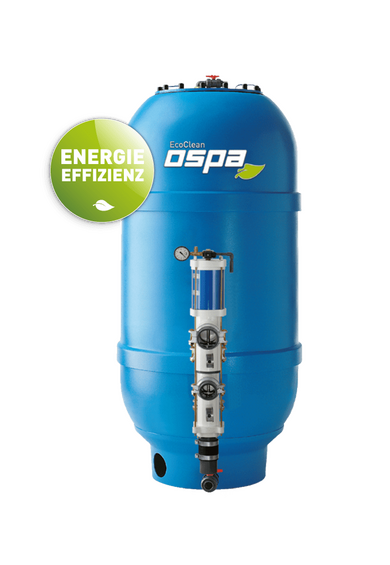Ein großer blauer Ospa-Mehrfachschichtfilter mit einem Energiesymbol zur Förderung der Energieeffizienz.