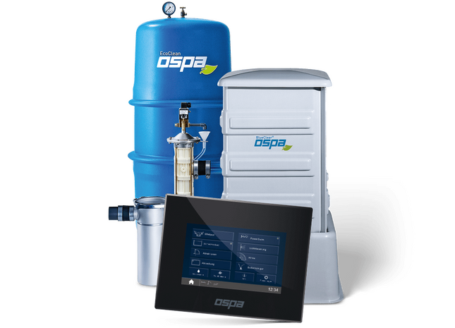 Ein modernes Wasseraufbereitungsgerät von OSPA mit Tank, Filter und Steuerungseinheit zur optimalen Wasserqualität.