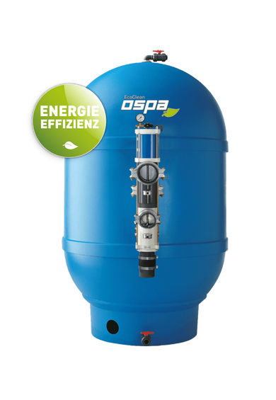 Ein blauer mehrschichtiger Filter von Ospa steht im Fokus, gekennzeichnet mit dem Hinweis auf Energieeffizienz.