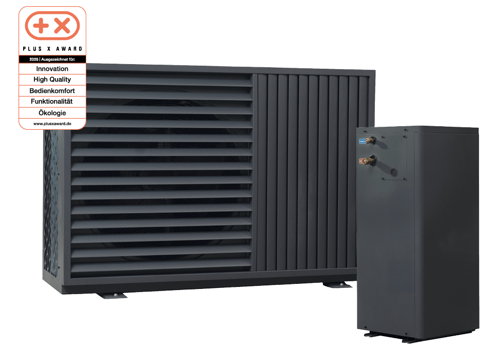 Eine moderne Wärmepumpe in dunklem Design mit Auszeichnung für Innovation und Ökologie steht im Mittelpunkt des Bildes.