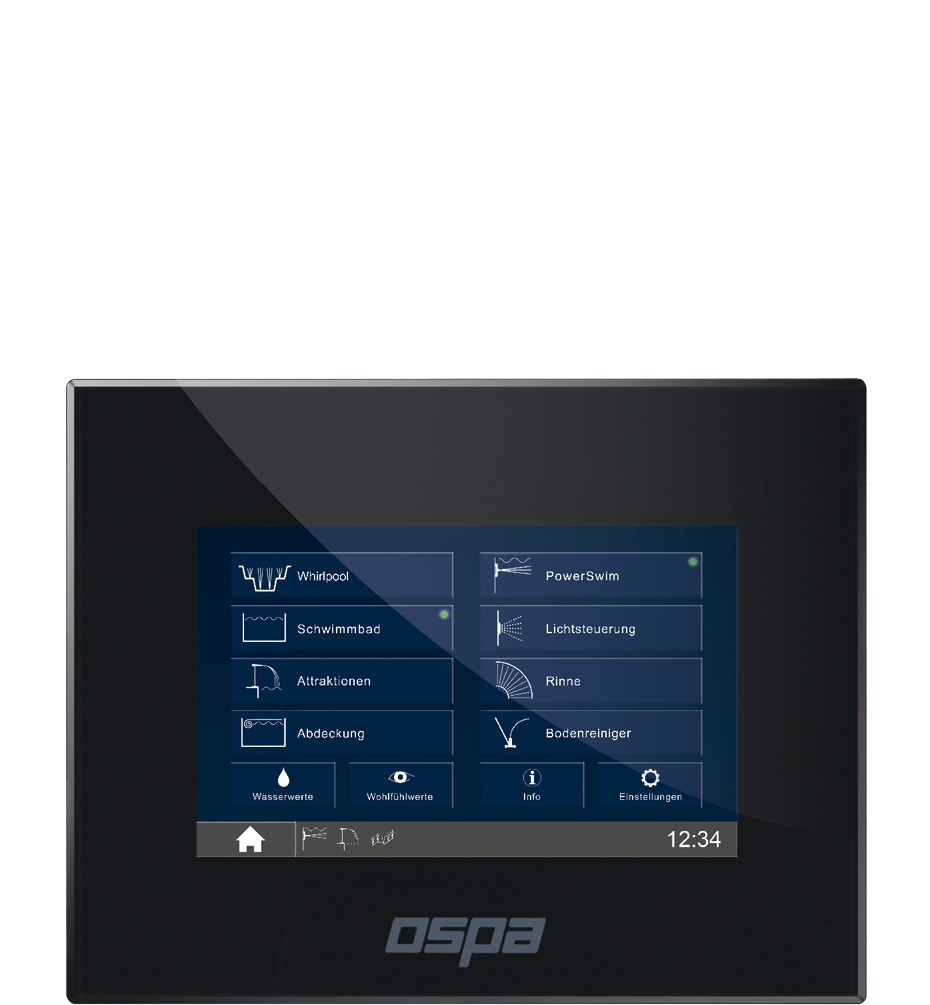 Ein modernes Steuergerät von OSPA zeigt Optionen zur Kontrolle von Whirlpool, Schwimmbad und Lichtsteuerung an.