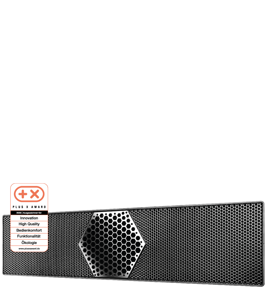 Ein eleganter Lautsprecher mit einem Wabenmuster und einem Plus X Award für Innovation und ökologische Qualität.